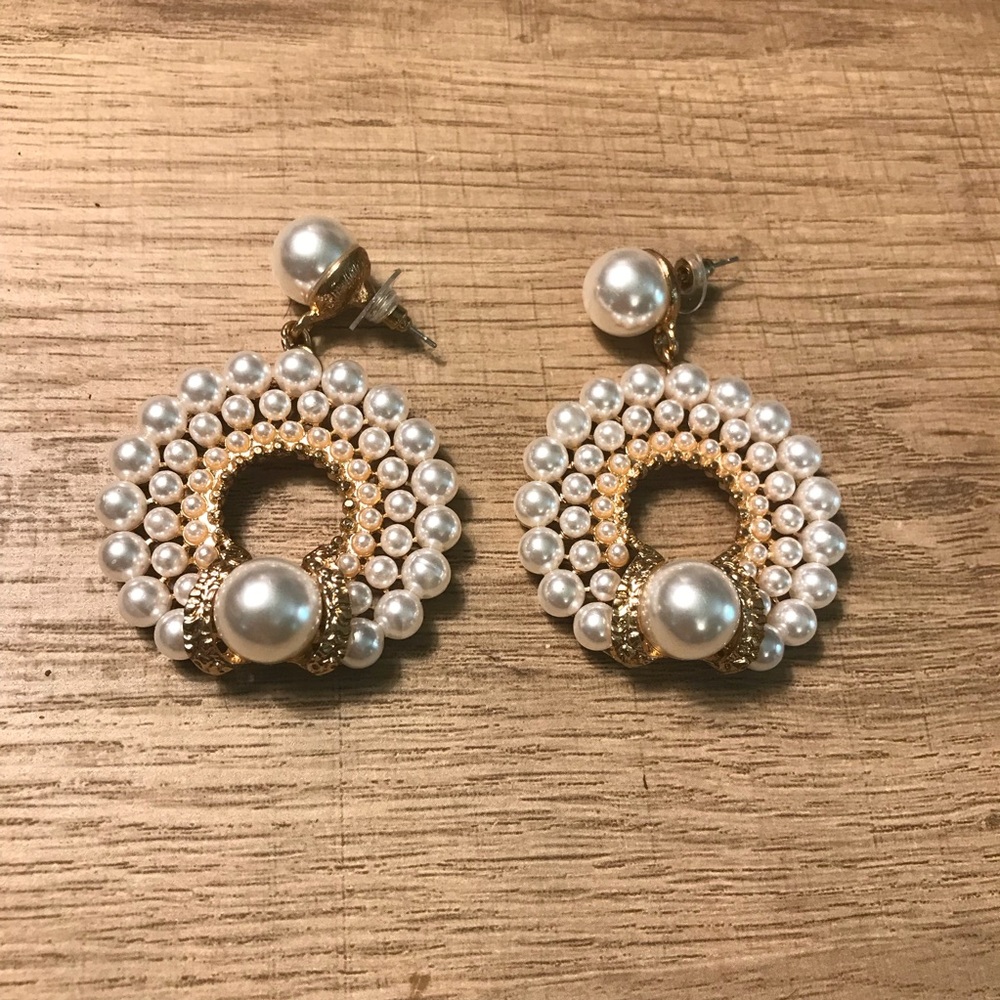 Gold Pearl Circle Drop Earrings - Ivory Pearl Statement Earrings